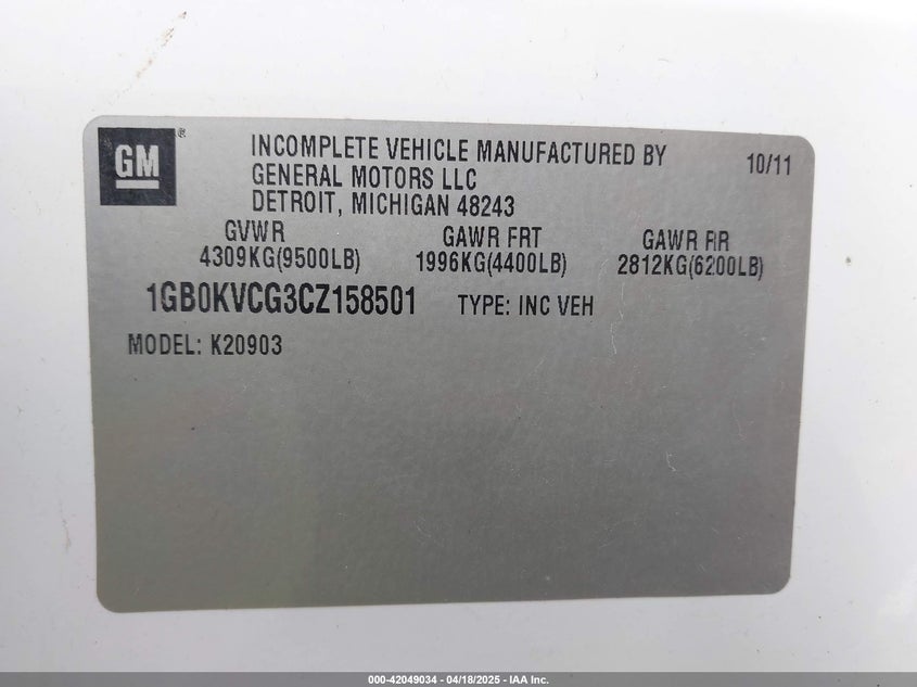 2012 CHEVROLET SILVERADO VIN: 1GB0KVCG3CZ158501