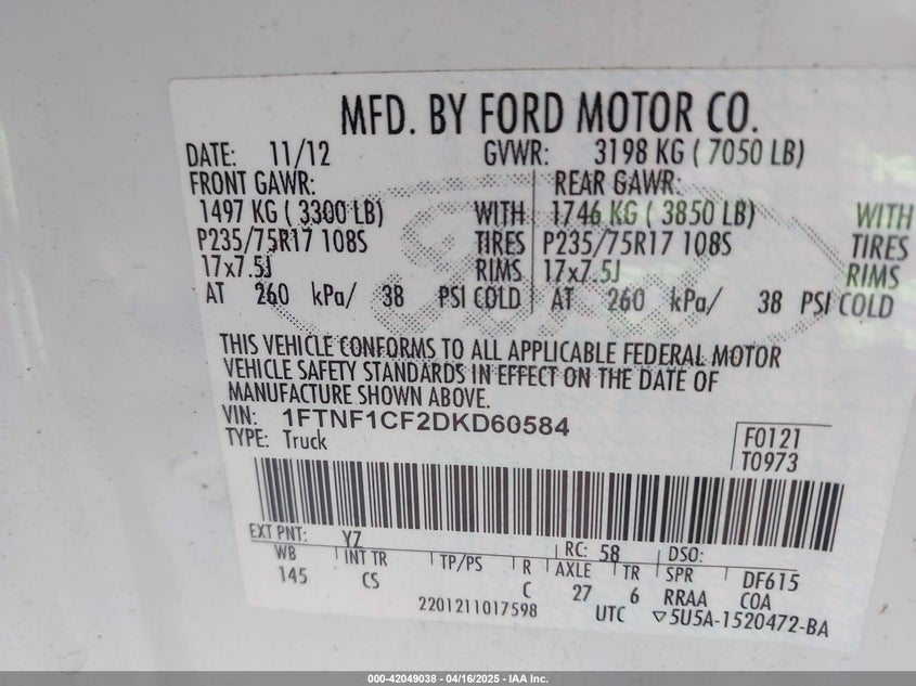 2013 FORD F-150 VIN: 1FTNF1CF2DKD60584