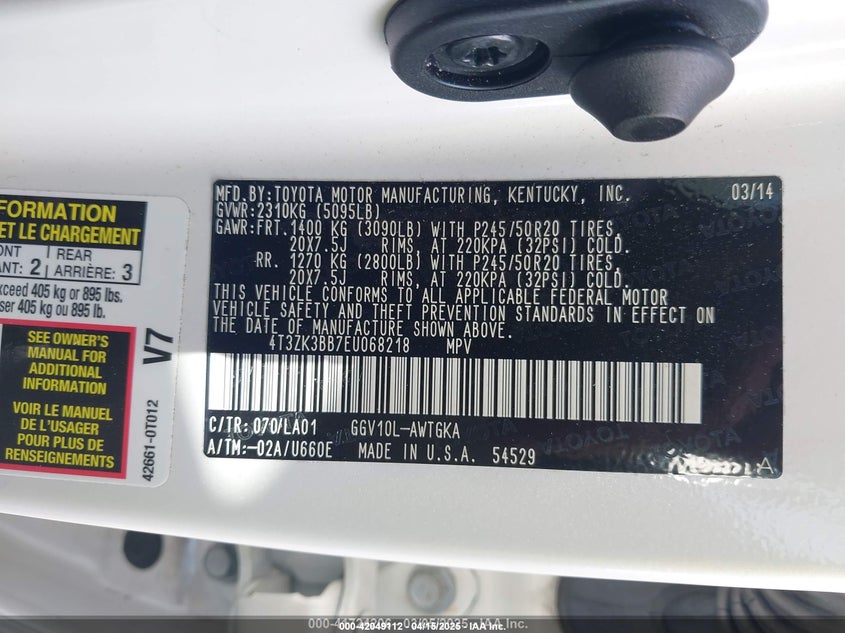 2014 Toyota Venza Xle V6 VIN: 4T3ZK3BB7EU068218 Lot: 42049112