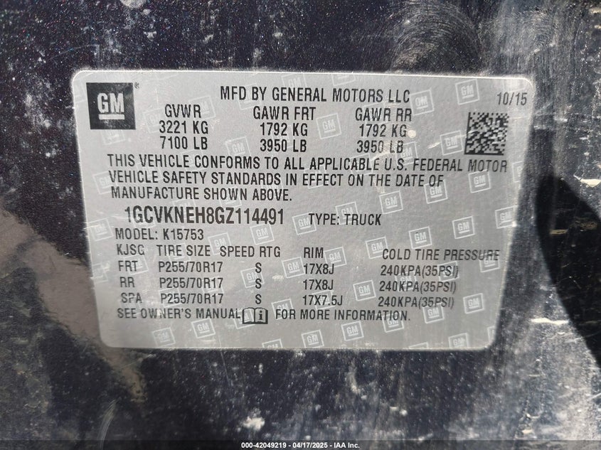 2016 CHEVROLET SILVERADO 1500 VIN: 1GCVKNEH8GZ114491