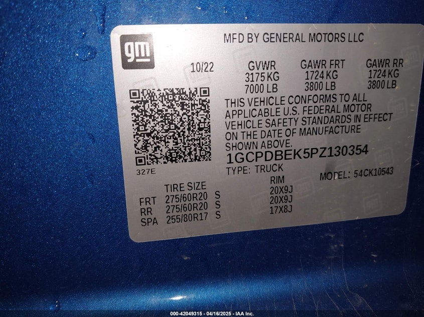 2023 CHEVROLET SILVERADO 1500 VIN: 1GCPDBEK5PZ130354