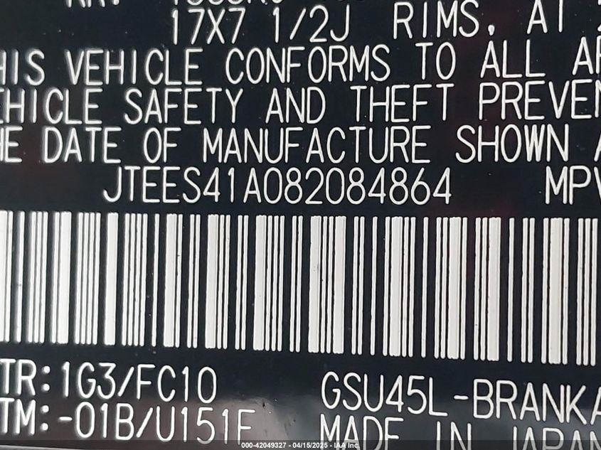 2008 Toyota Highlander VIN: JTEES41A082084864 Lot: 42049327