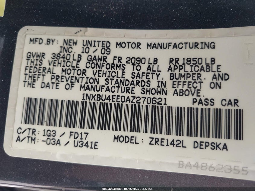 2010 TOYOTA COROLLA VIN: 1NXBU4EE0AZ270621