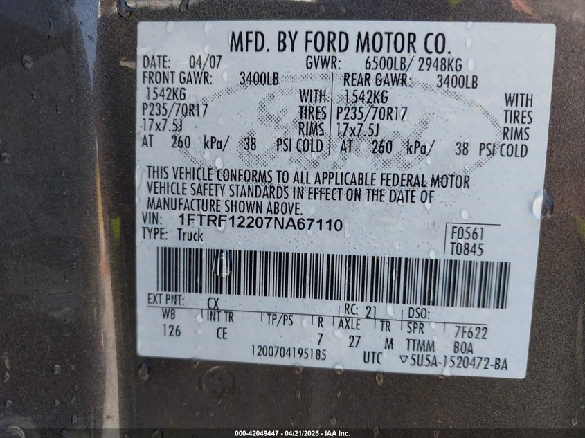 2007 FORD F-150 VIN: 1FTRF12207NA67110