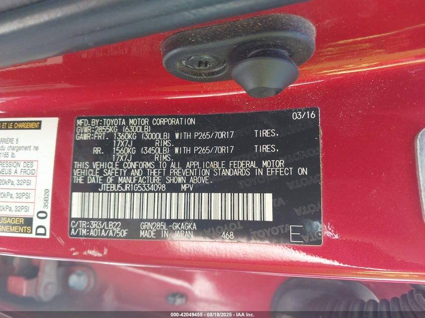 JTEBU5JR1G5334098 2016 TOYOTA 4RUNNER photo no. 9