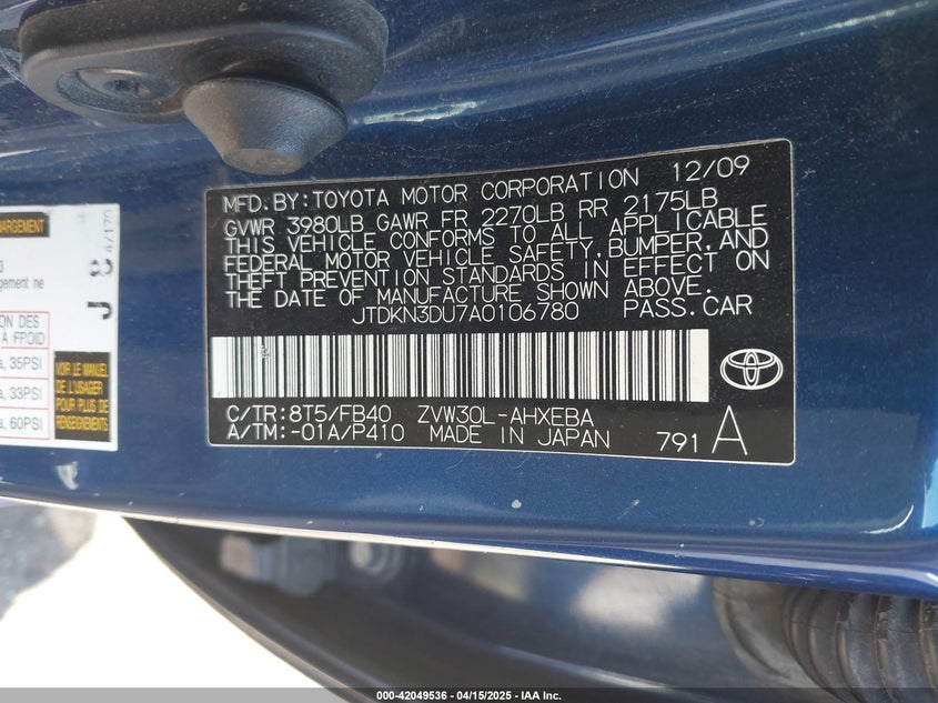 2010 TOYOTA PRIUS VIN: JTDKN3DU7A0106780