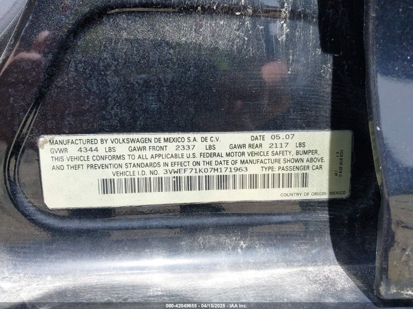 2007 Volkswagen Jetta Wolfsburg Edition VIN: 3VWEF71K07M171963 Lot: 42049655