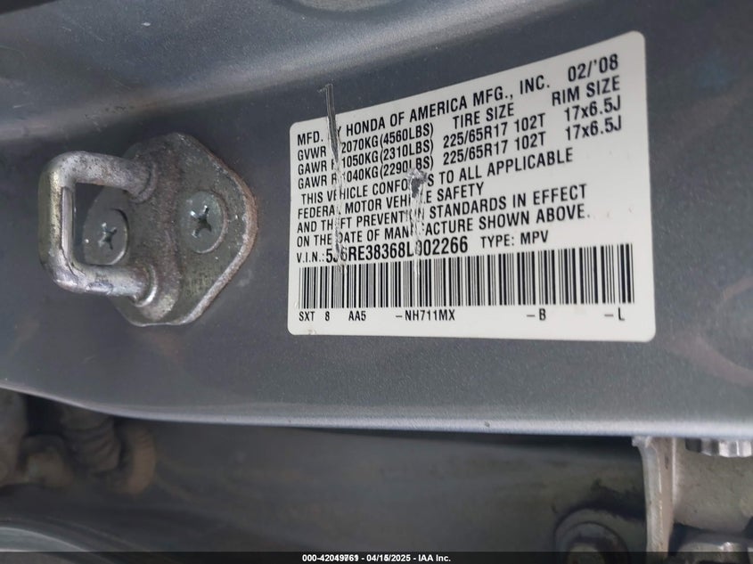 2008 HONDA CR-V VIN: 5J6RE38368L002266