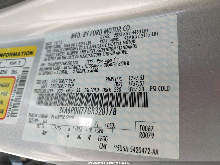 2016 FORD FUSION VIN: 3FA6P0H77GR320178