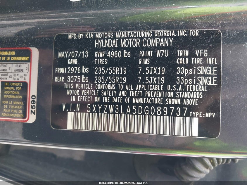 2013 HYUNDAI SANTA FE VIN: 5XYZW3LA5DG089737