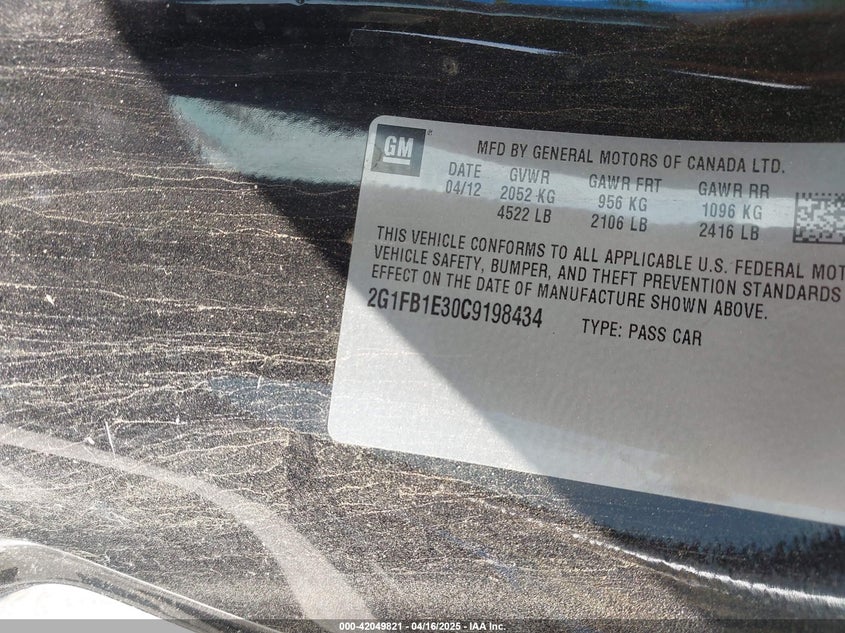 2012 CHEVROLET CAMARO VIN: 2G1FB1E30C9198434
