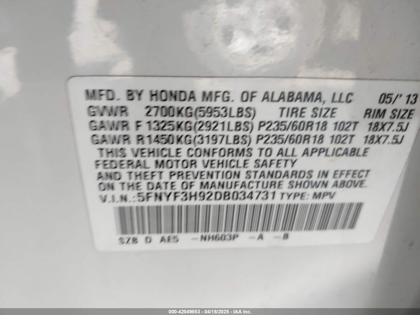 2013 HONDA PILOT TOURING - 5FNYF3H92DB034731