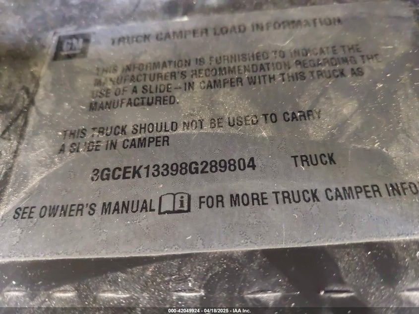 2008 CHEVROLET SILVERADO 1500 VIN: 3GCEK13398G289804