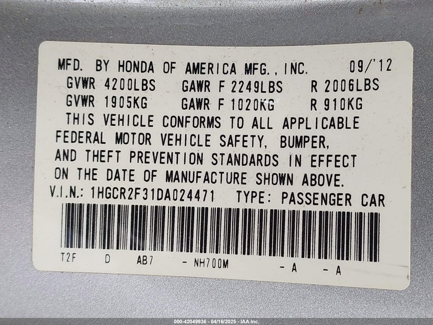 2013 HONDA ACCORD VIN: 1HGCR2F31DA024471