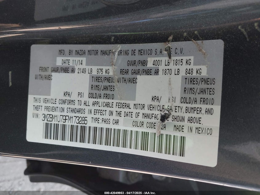 2015 MAZDA MAZDA3 VIN: 3MZBM1U79FM173285