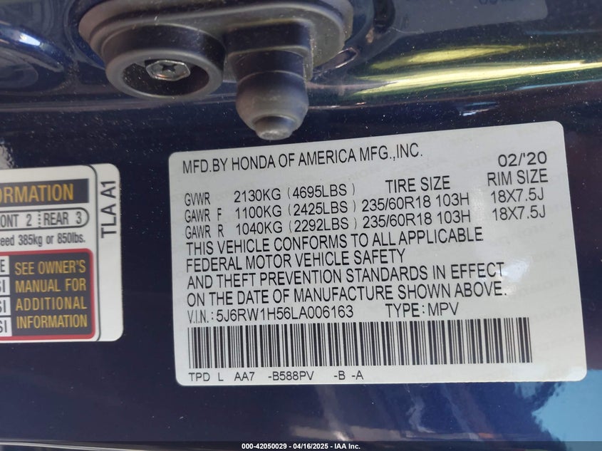 2020 HONDA CR-V VIN: 5J6RW1H56LA006163