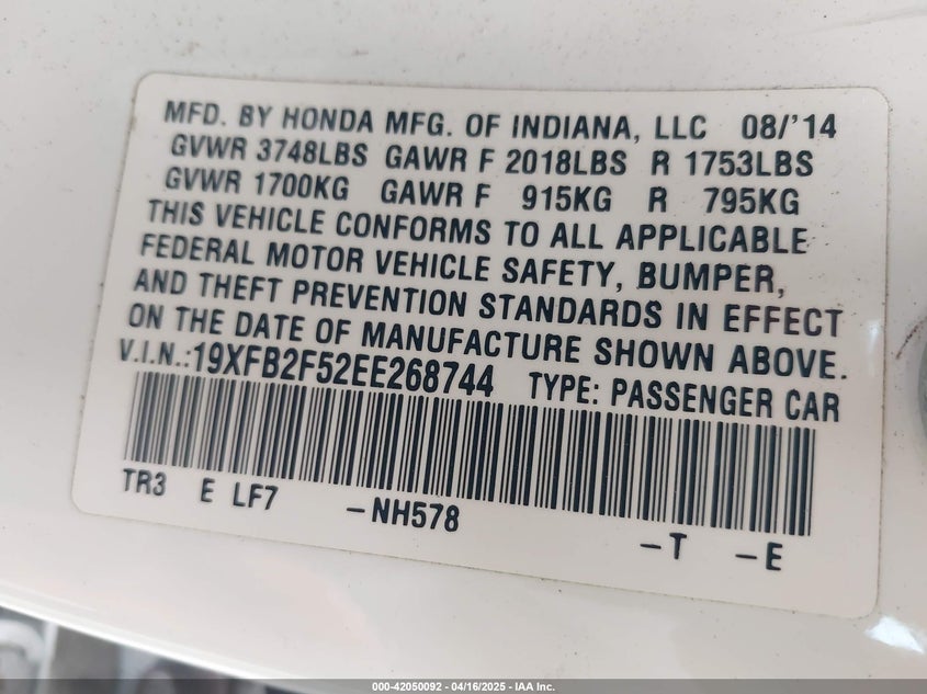 2014 HONDA CIVIC VIN: 19XFB2F52EE268744
