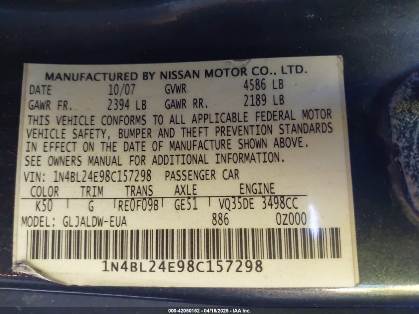 2008 Nissan Altima 3.5 Se VIN: 1N4BL24E78C757298 Lot: 42050152