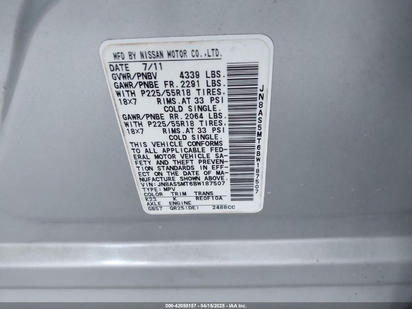 2011 Nissan Rogue Sv VIN: JN8AS5MT6BW187507 Lot: 42050157