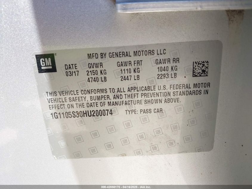 2017 Chevrolet Impala 1Lt VIN: 1G1105S30HU200074 Lot: 42050170