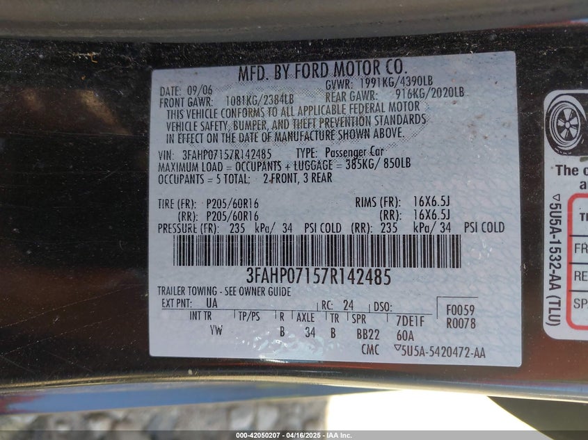 2007 FORD FUSION VIN: 3FAHP07157R142485