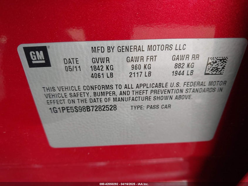 2011 CHEVROLET CRUZE VIN: 1G1PE5S98B7282528
