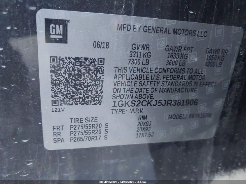 2018 GMC Yukon Denali VIN: 1GKS2CKJ5JR381906 Lot: 42050329