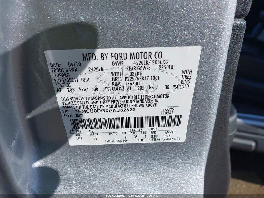 2010 FORD ESCAPE VIN: 1FMCU0DGXAKC82822