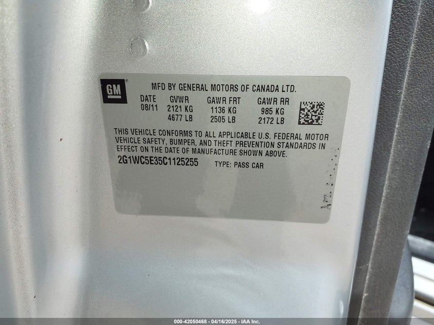 2012 CHEVROLET IMPALA VIN: 2G1WC5E35C1125255