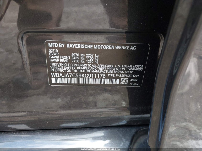 2019 BMW 530I VIN: WBAJA7C59KG911176