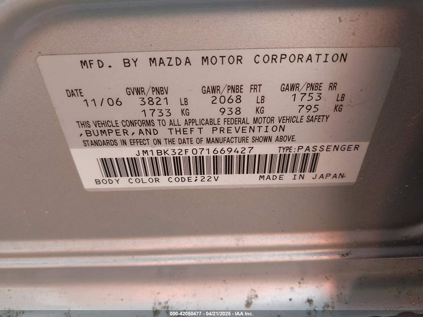 2007 MAZDA MAZDA3 VIN: JM1BK32F071669427