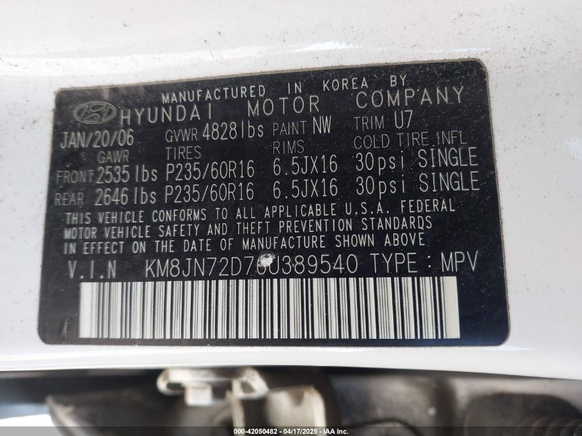 2006 Hyundai Tucson Gls/Limited VIN: KM8JN72D76U389540 Lot: 42050482