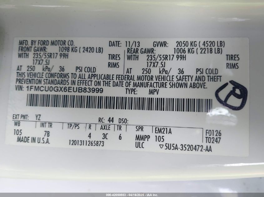 2014 Ford Escape Se VIN: 1FMCU0GX6EUB83999 Lot: 42050553