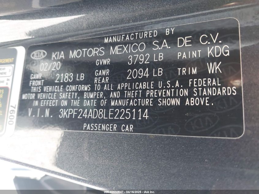 2020 Kia Forte Fe/Lxs VIN: 3KPF24AD8LE225114 Lot: 42050647