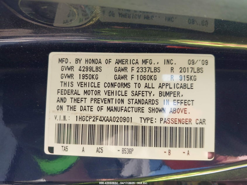 2010 HONDA ACCORD VIN: 1HGCP2F4XAA020901