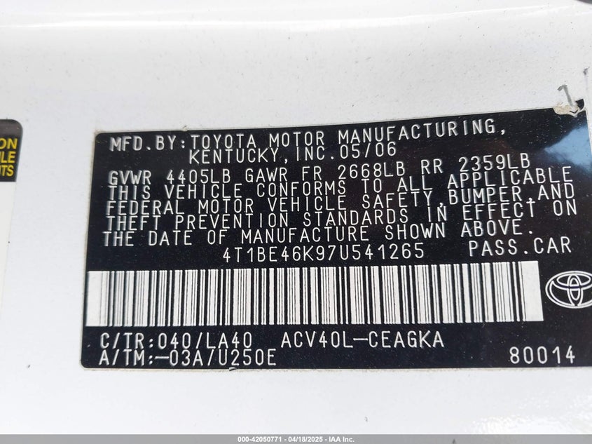 2007 TOYOTA CAMRY VIN: 4T1BE46K97U541265