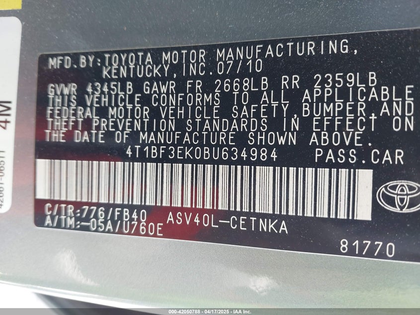 2011 TOYOTA CAMRY VIN: 4T1BF3EK0BU634984