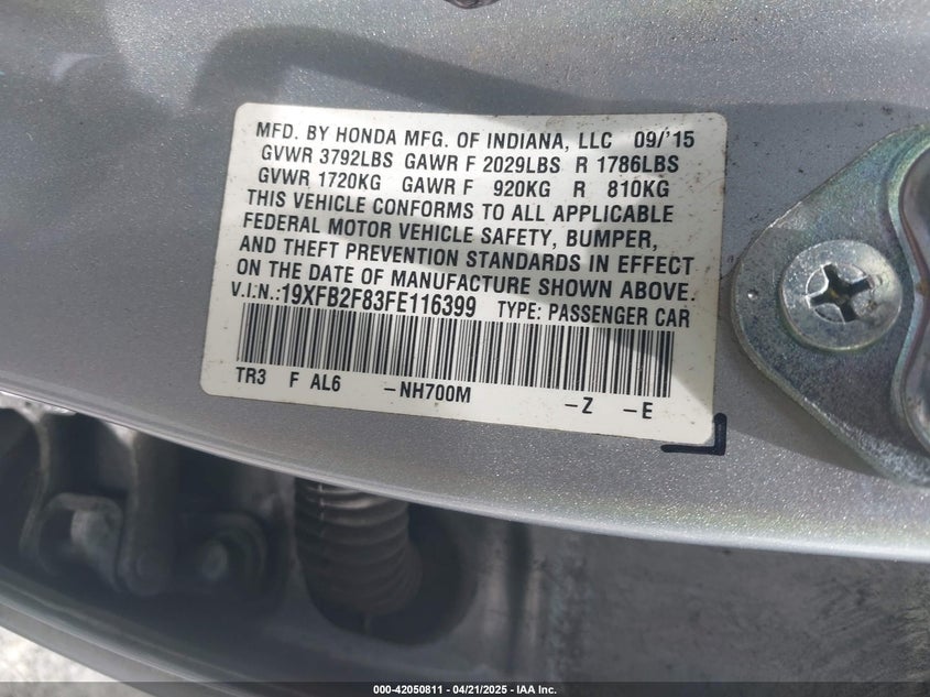 2015 HONDA CIVIC VIN: 19XFB2F83FE116399