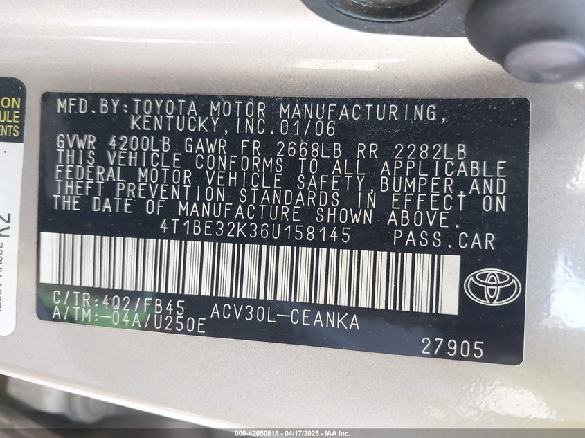2006 TOYOTA CAMRY VIN: 4T1BE32K36U158145