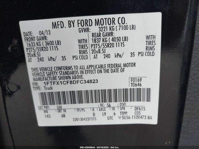 2013 FORD F-150 VIN: 1FTFX1CF8DFC34823