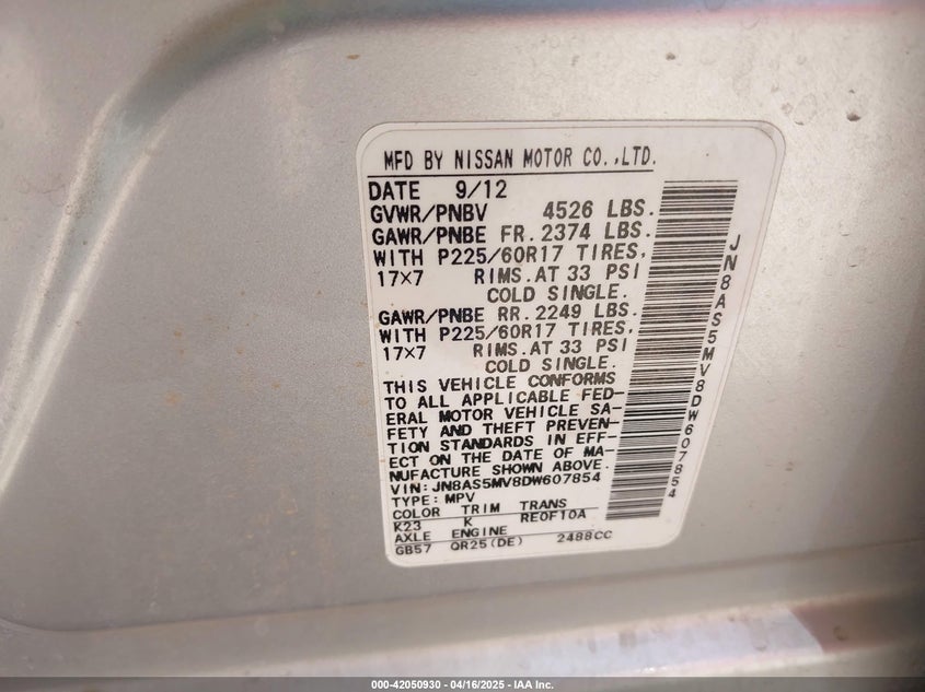 2013 NISSAN ROGUE VIN: JN8AS5MV8DW607854