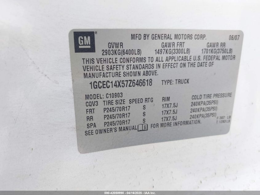 2007 Chevrolet Silverado 1500 Work Truck VIN: 1GCEC14X57Z646618 Lot: 42050998