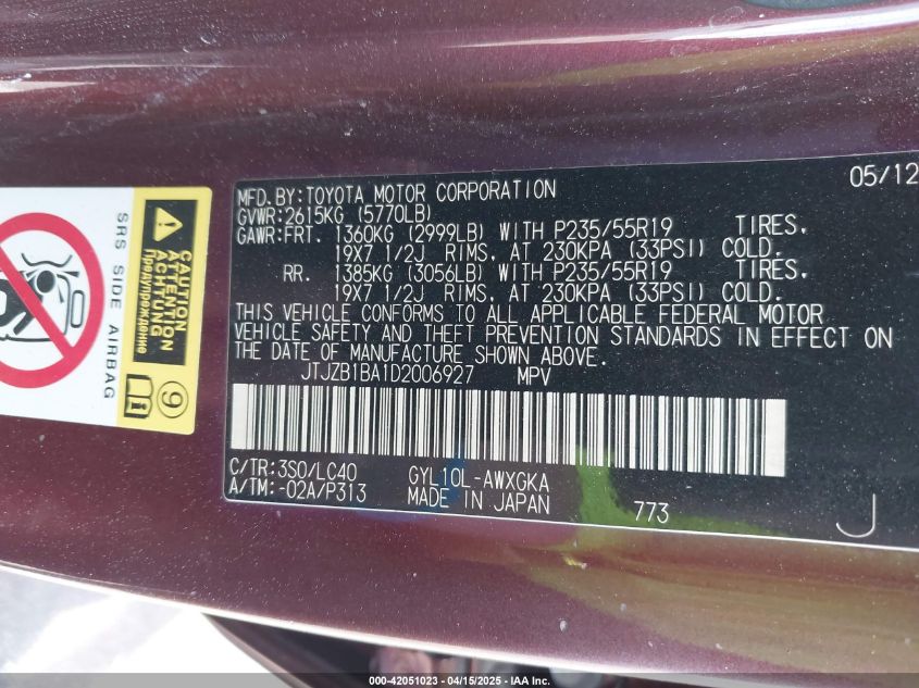 2013 Lexus Rx 450H VIN: JTJZB1BA1D2006927 Lot: 42051023