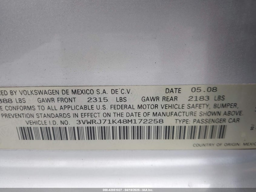 2008 VOLKSWAGEN JETTA SEDAN VIN: 3VWRJ71K48M172258
