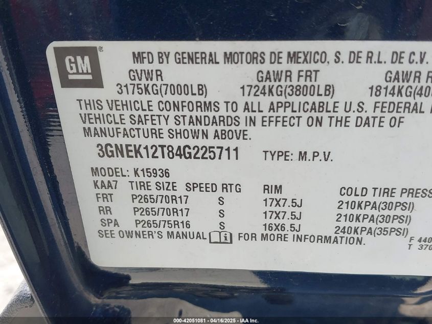 2004 Chevrolet Avalanche 1500 VIN: 3GNEK12T84G225711 Lot: 42051081