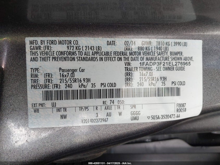 2014 FORD FOCUS VIN: 1FADP3F21EL276965