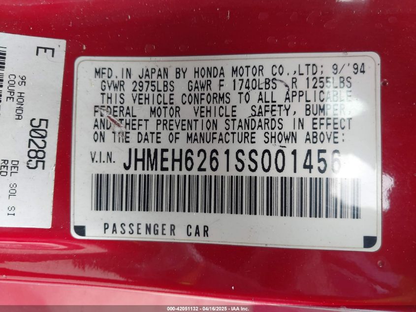 1995 Honda Civic Del Sol Si VIN: JHMEH6261SS001456 Lot: 42051132