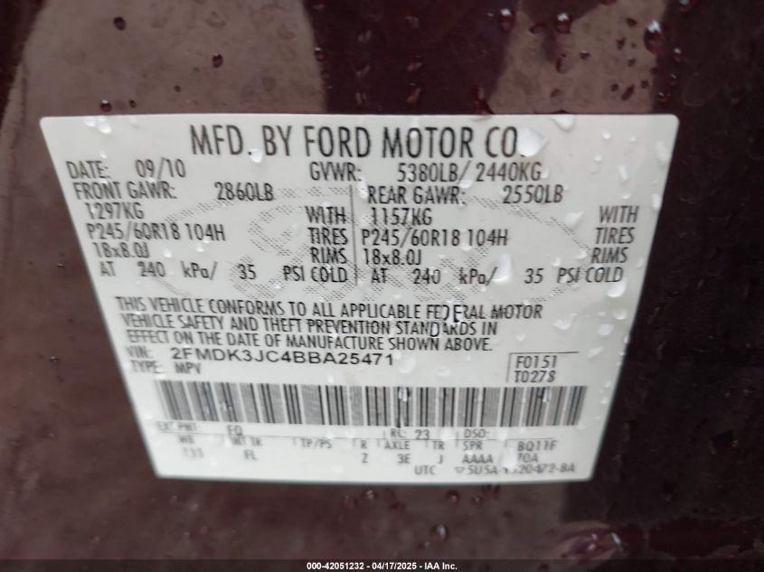 2011 Ford Edge Sel VIN: 2FMDK3JC4BBA25471 Lot: 42051232