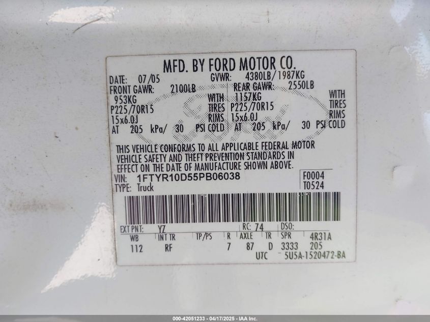 2005 Ford Ranger Xl/Xls/Xlt VIN: 1FTYR10D55PB06038 Lot: 42051233