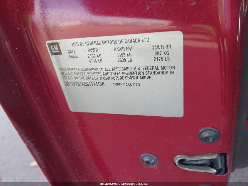 2009 Chevrolet Impala Lt VIN: 2G1WT57K591114138 Lot: 42051250